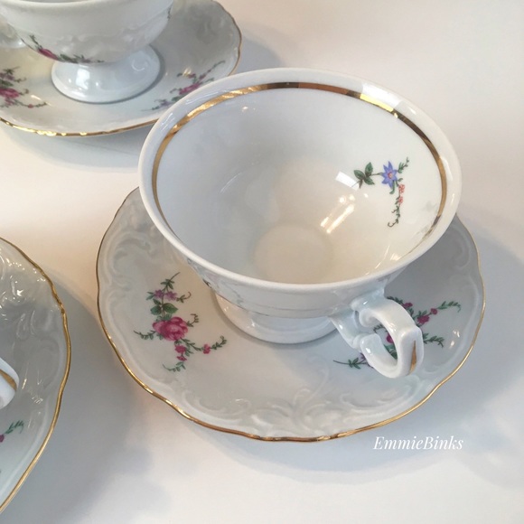 Vintage 1940’s Wawel Fine Porcelain China Poland Rose Garden Gold Trim Cup Set - Picture 11 of 16